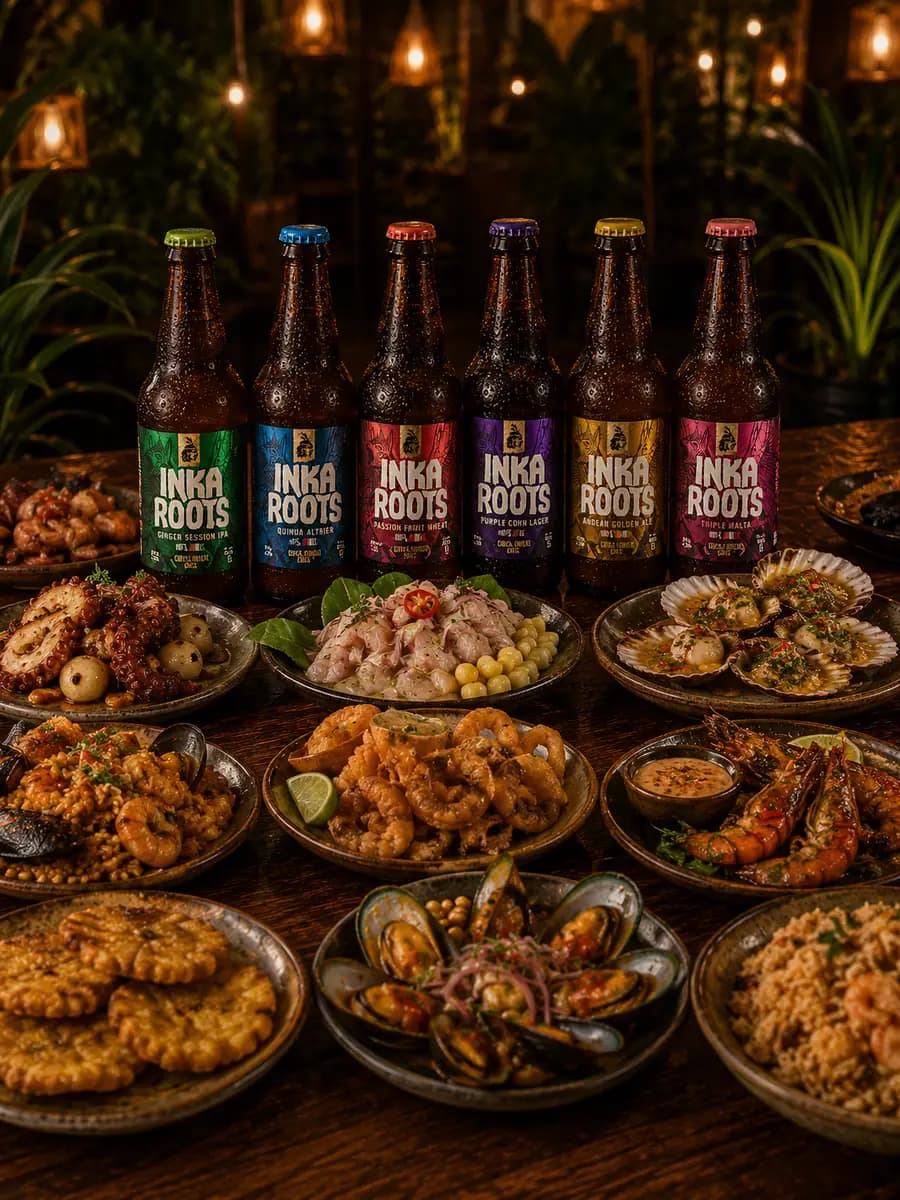 Cervezas artesanales Inkaroots servidas con maridaje gastronómico.