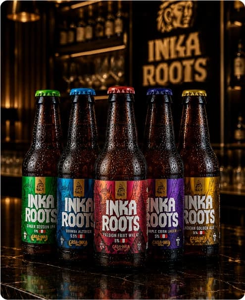 Familia de cervezas artesanales Inkaroots dispuesta para servicio premium.