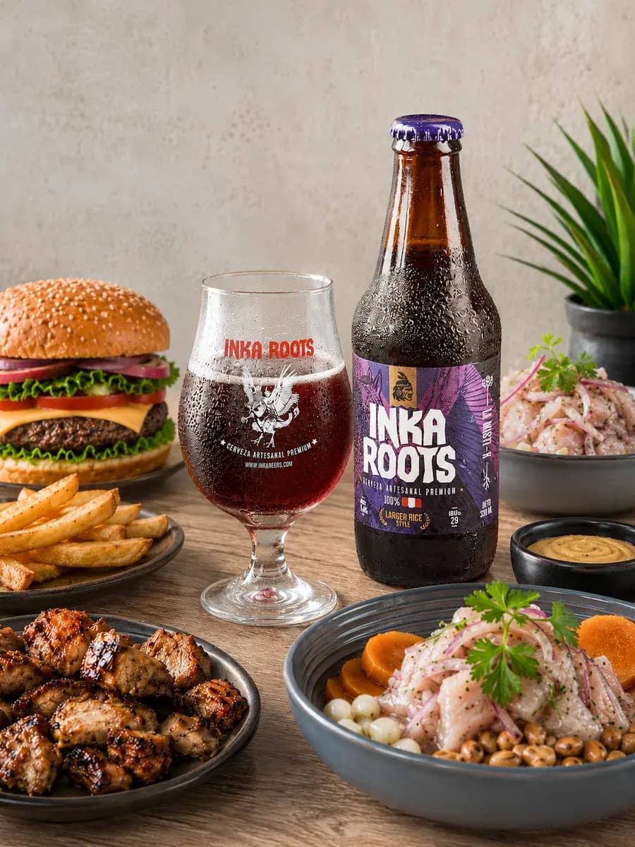 Ceviche clásico peruano servido con cerveza artesanal Inkaroots estilo witbier.